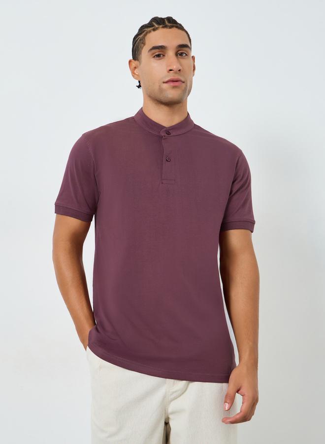 Styli Men Purple Cotton Mandarin Polo - Image 1